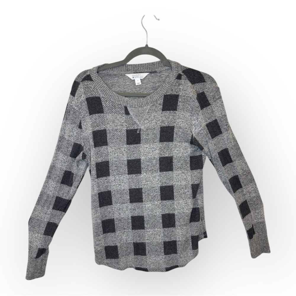 Market & Spruce Gray Black Buffalo Plaid Sweater Preppy Knit Indie Casual Small